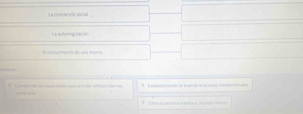 La conciencia social
La autorregulación
El conocimiento de uno mismo
pciants
1 Comprende las capacidades para atender señales internas. Il Establecimiento de buenas relaciones interpersonales
entre otras
l Cómo la persona maneja su mundo interno