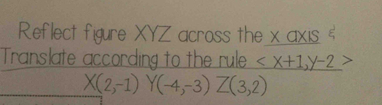 Reflect figure XYZ across the x axis = 
Translate according to the rule , Y-2
X(2,-1) Y (-4,-3)Z(3,2)