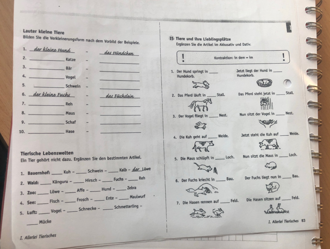 Lauter kleine Tiere 
I5 Tiere und ihre Lieblingsplätze 
Bilden Sie die Verkleinerungsform nach dem Vorbild der Beispiele. 
Ergänzen Sie die Artikel im Akkusativ und Dativ. 
1. __das Hündchen 
- 
_ 
2. 
Kontraktion: in dem = im 
_Katze - 
3._ 
Bär - _1. Der Hund springt in _Jetzt liegt der Hund in_ 
_ 
4. _Vogel - Hundekorb. Hundekorb. 
_ 
5. _Schwein 
_ 
6. _der kleine Fuchs - 2. Das Pferd läuft in _Stall. Das Pferd steht jetzt in _Stall. 
_ 
7. _Reh , 
8. _Maus __Nest. Nun sitzt der Vogel in _Nest. 
3. Der Vogel fliegt in 
9. _Schaf -_ 
10. _Hase __Weide. 
4. Die Kuh geht auf _Weide. Jetzt steht die Kuh auf 
Tierische Lebenswelten Loch. 
Ein Tier gehört nicht dazu. Ergänzen Sie den bestimmten Artikel. 5. Die Maus schlüpft in _Loch. Nun sitzt die Maus in_ 
1. Bauernhof: _Kuh - _Schwein - _Kalb -_ Löwe 
2. Wald: _Känguru - _Hirsch - _Fuchs - _Reh 6. Der Fuchs kriecht in _Bau. Der Fuchs liegt nun in _Bau. 
3. Zoo: _ Löwe - _Affe - _Hund - _Zebra 
Feld. Die Hasen sitzen auf _Feld. 
4. See: Fisch - Frosch - _ Ente - _Maulwurf 
5. Luft:_ _Vogel -_ _Schnecke - _Schmetterling - 7. Die Hasen rennen auf_ 
_Mücke I. Allerlei Tierisches 83
I. Allerlei Tierisches