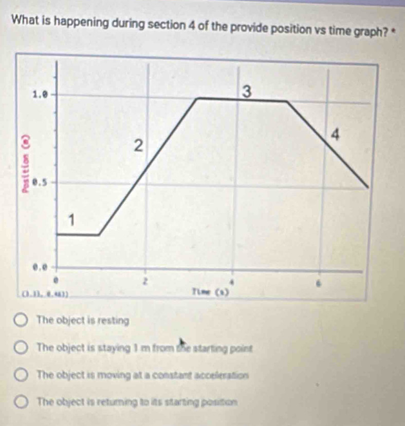 What is happening during section 4 of the provide position vs time graph? *
1.0
3
2
4
0.5
1
0.0.
2
4.
(1,1), 0,483) Time (a)
The object is resting
The object is staying 1m from the starting point
The object is moving at a constant acceleration
The object is returning to its starting position