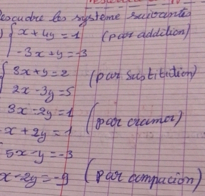 leocudice too mysteme sujcan tg beginarrayl x+4y=1 -3x+y=-3endarray. (pasr addition)
(pat sustitidion)
3x+y=2=frac 4/3x^(g=1)/3=7 (pok cama)
(pax compucion)