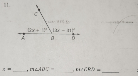 1
x= _, m∠ ABC= _, m∠ CBD=
_