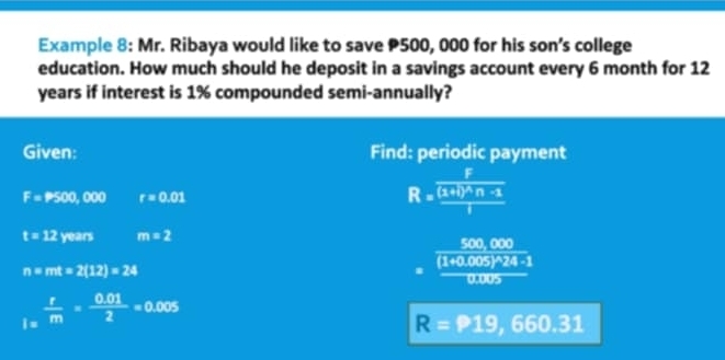 Example 8: Mr. Ribaya would like to save P500, 000 for his son’s college 
education. How much should he deposit in a savings account every 6 month for 12
years if interest is 1% compounded semi-annually? 
Given: Find: periodic payment
F=P500,000 r=0.01
R=frac frac F(2+1)^2+n-1I
t=12years m=2
n=mt=2(12)=24
=frac frac 500,000(1+0.005)^n24-10.005
I= r/m = (0.01)/2 =0.005
R=P19,660.31