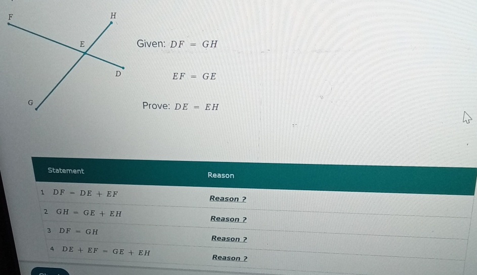 Given: DF=GH
EF=GE
Prove: DE=EH