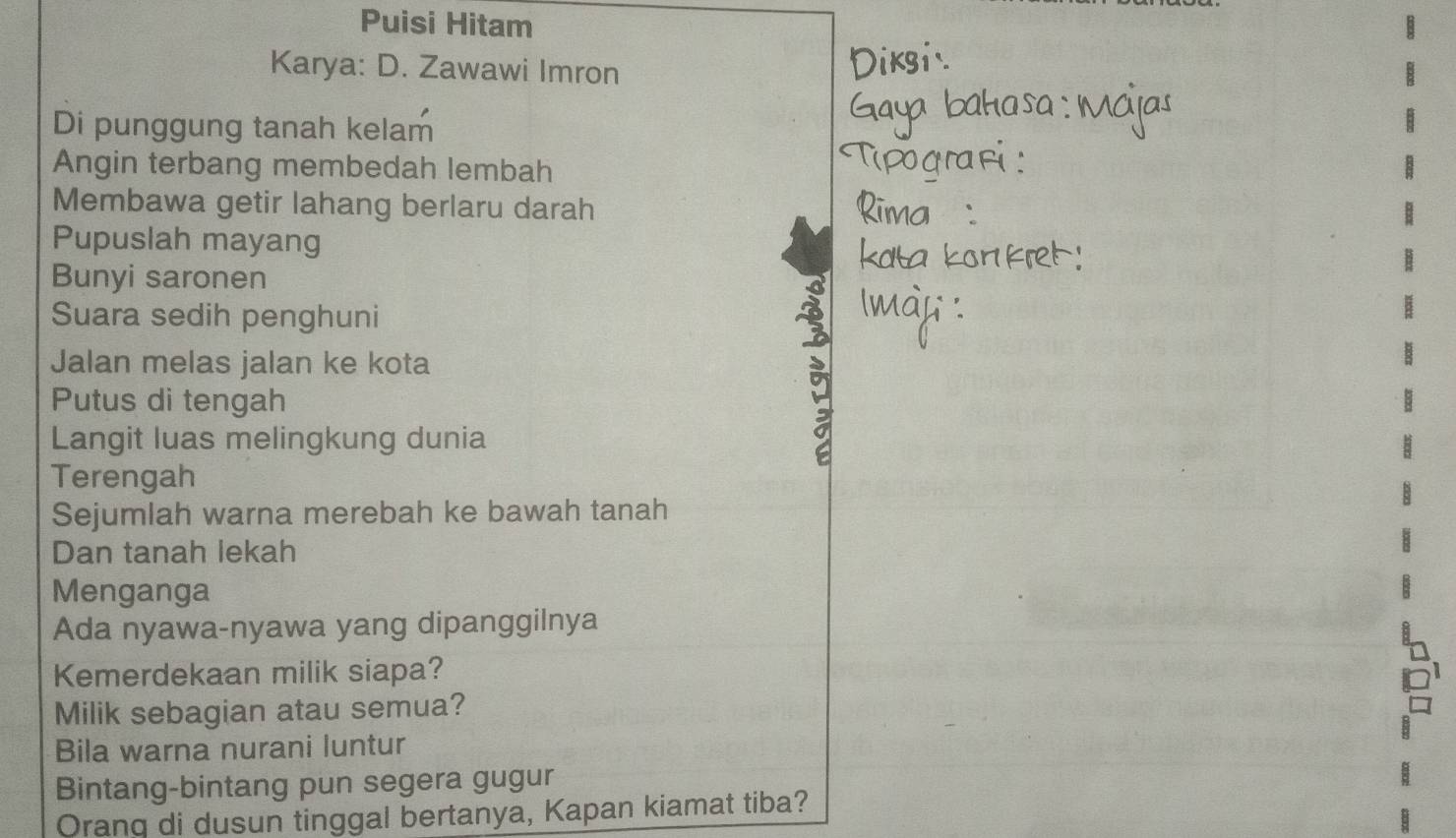 Puisi Hitam 
Karya: D. Zawawi Imron 
Di punggung tanah kelam 
Angin terbang membedah lembah 
Membawa getir lahang berlaru darah 
Pupuslah mayang 
Bunyi saronen 
Suara sedih penghuni
3
Jalan melas jalan ke kota 
Putus di tengah 
Langit luas melingkung dunia 
Terengah 
Sejumlah warna merebah ke bawah tanah 
Dan tanah lekah 
Menganga 
Ada nyawa-nyawa yang dipanggilnya 
Kemerdekaan milik siapa? 
Milik sebagian atau semua? 
Bila warna nurani luntur 
Bintang-bintang pun segera gugur 
Orang di dusun tinggal bertanya, Kapan kiamat tiba?