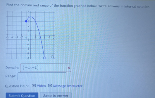 Find the domain and range of the function graphed below. Write answers in interval notation. 
Domain: (-∈fty ,-1) × 
Range: 
Question Help: Video Message instructor 
Submit Question Jump to Answer