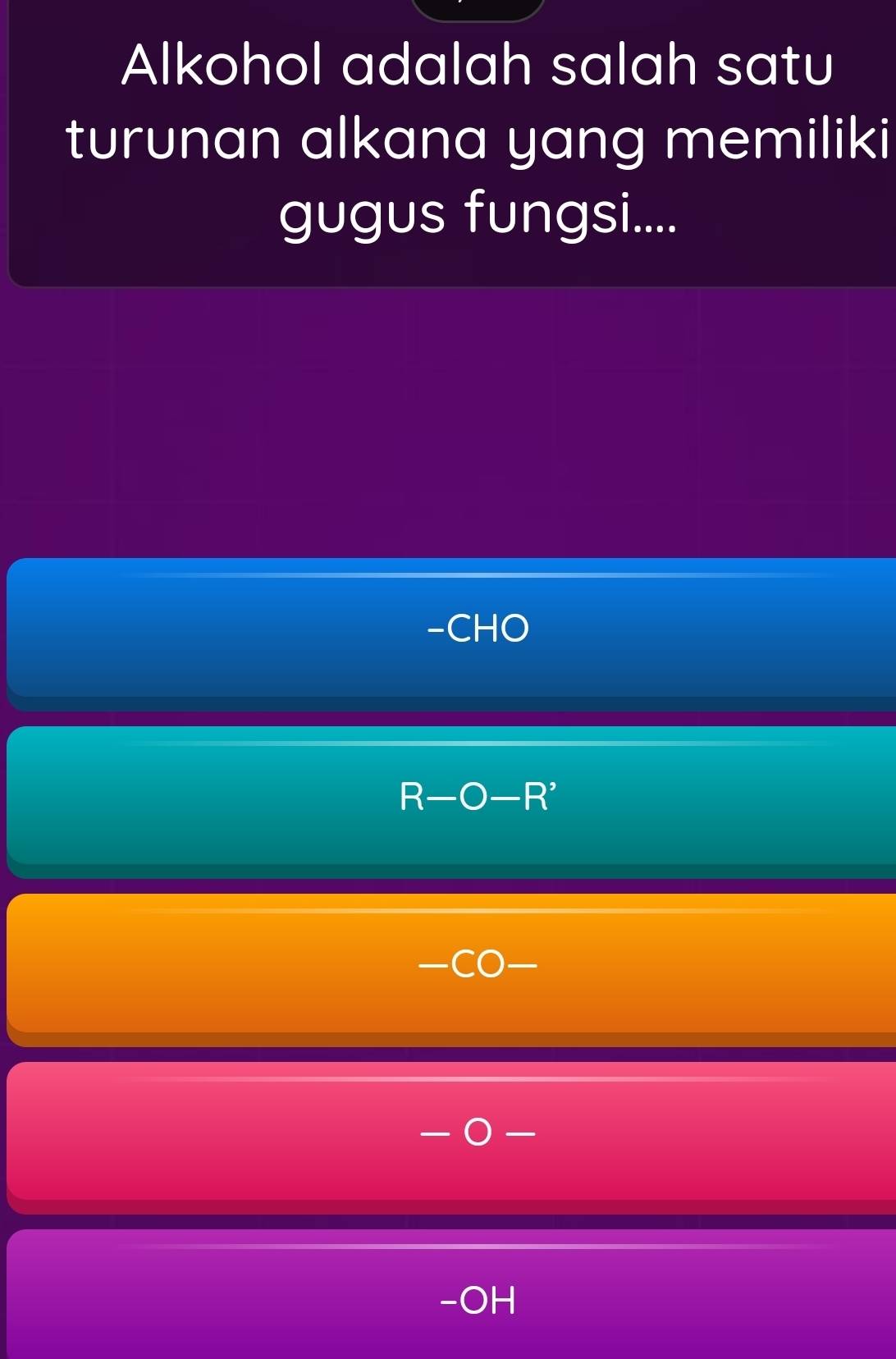Alkohol adalah salah satu 
turunan alkana yang memiliki 
gugus fungsi.... 
-CHO
R-O-R^2