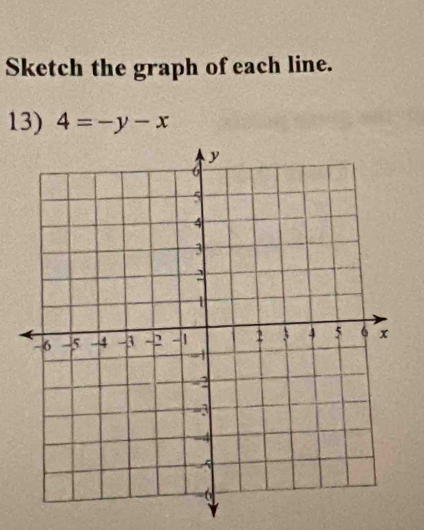 Sketch the graph of each line. 
13) 4=-y-x