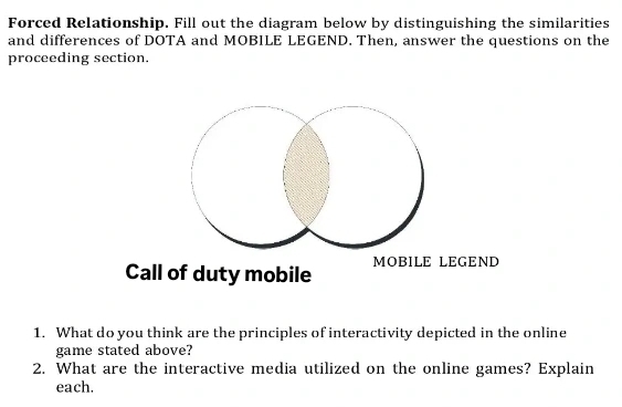 Forced Relationship. Fill out the diagram below by distinguishing the similarities 
and differences of DOTA and MOBILE LEGEND. Then, answer the questions on the 
proceeding section. 
Call of duty mobile MOBILE LEGEND 
1. What do you think are the principles of interactivity depicted in the online 
game stated above? 
2. What are the interactive media utilized on the online games? Explain 
each.