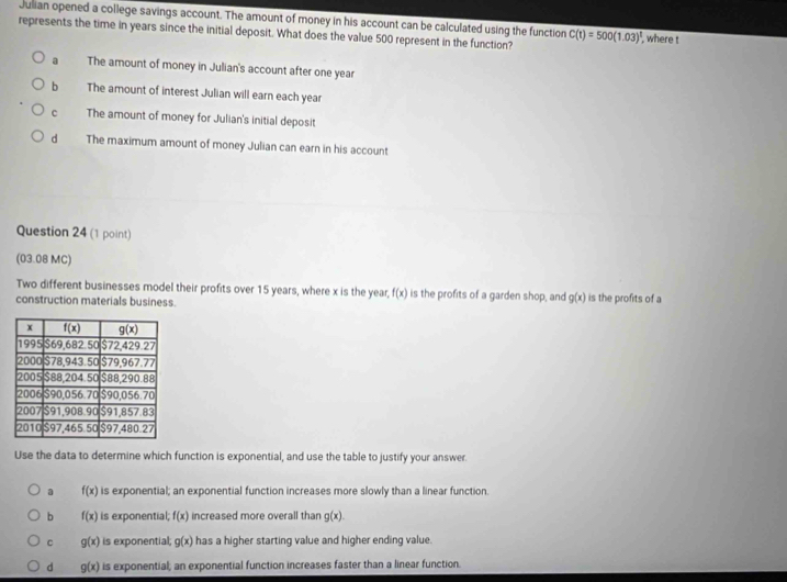 Julian opened a college savings account. The amount of money in his account can be calculated using the function
represents the time in years since the initial deposit. What does the value 500 represent in the function? C(t)=500(1.03)^1 , where t
a The amount of money in Julian's account after one year
b The amount of interest Julian will earn each year
c The amount of money for Julian's initial deposit
dà The maximum amount of money Julian can earn in his account
Question 24 (1 point)
(03.08 MC)
Two different businesses model their profits over 15 years, where x is the year, f(x) is the profits of a garden shop, and g(x) is the profits of a
construction materials business.
Use the data to determine which function is exponential, and use the table to justify your answer.
a f(x) is exponential; an exponential function increases more slowly than a linear function.
b f(x) is exponential; f(x) increased more overall than g(x).
C g(x) is exponential; g(x) has a higher starting value and higher ending value.
d g(x) is exponential; an exponential function increases faster than a linear function.