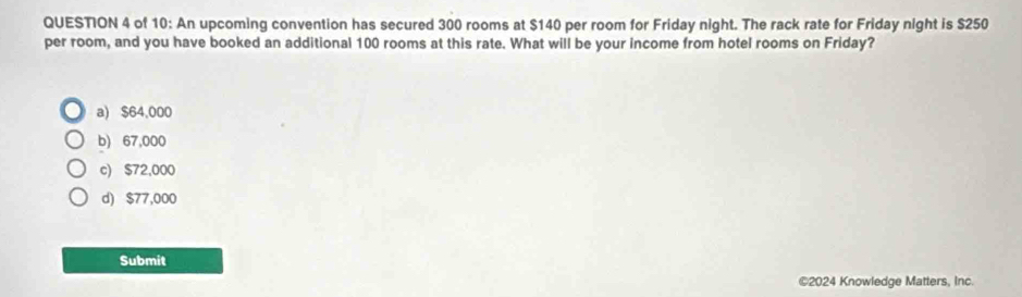 of 10: An upcoming convention has secured 300 rooms at $140 per room for Friday night. The rack rate for Friday night is $250
per room, and you have booked an additional 100 rooms at this rate. What will be your income from hotel rooms on Friday?
a) $64,000
b) 67,000
c) $72,000
d) $77,000
Submit
©2024 Knowledge Matters, Inc.