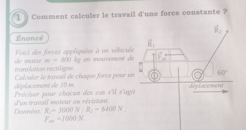 Comment calculer le travail d'une force constante ?
Énoncé
Voici des forces appliquées à un véhicule
de masse m=800 kg en mouvement de
translation rectiligne.
Calculer le travail de chaque force pour un
déplacement de 10 m. 
Préciser pour chacun des cas s'il s'agi
d'un travail moteur ou résistant.
Données: R_1=3000N;R_2=6400N :
F_av=1000N.