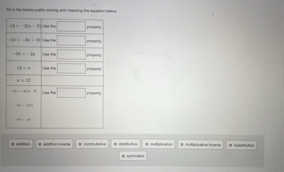 Fill in the blanks justify solving and checking the equation below.
= addition #. additive inverse # commutative = distributive # multiplication # multiplicative inverse # substitution
: symmetric