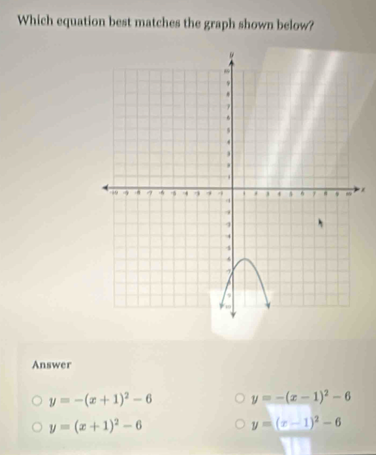 Which equation best matches the graph shown below?
Answer
y=-(x+1)^2-6
y=-(x-1)^2-6
y=(x+1)^2-6
y=(x-1)^2-6