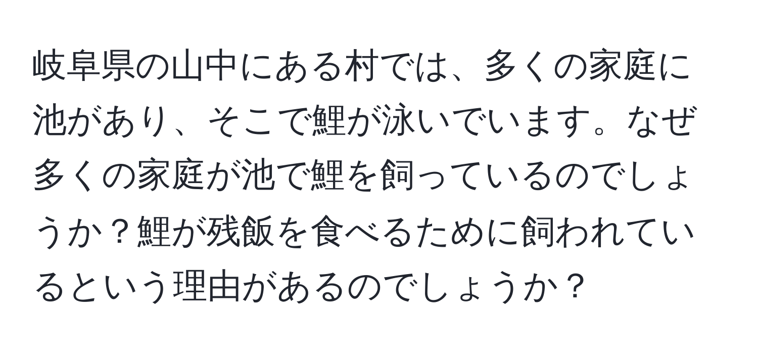 岐阜県の山中にある村では、多くの家庭に池があり、そこで鯉が泳いでいます。なぜ多くの家庭が池で鯉を飼っているのでしょうか？鯉が残飯を食べるために飼われているという理由があるのでしょうか？