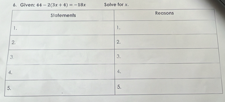 Given: 44-2(3x+4)=-18x Solve for x.