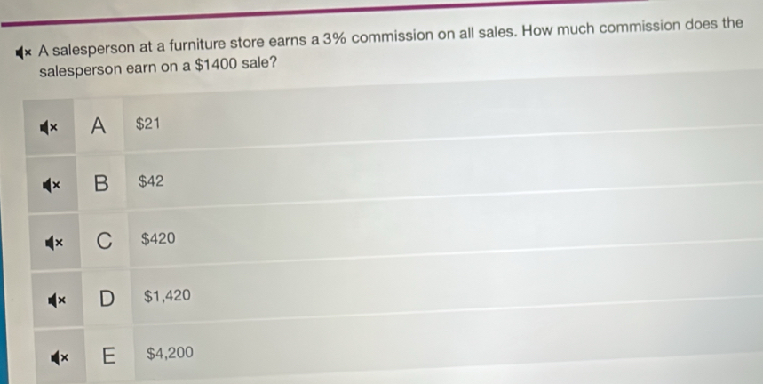 × A salesperson at a furniture store earns a 3% commission on all sales. How much commission does the
salesperson earn on a $1400 sale?
A $21
B $42
C $420
D $1,420
E $4,200