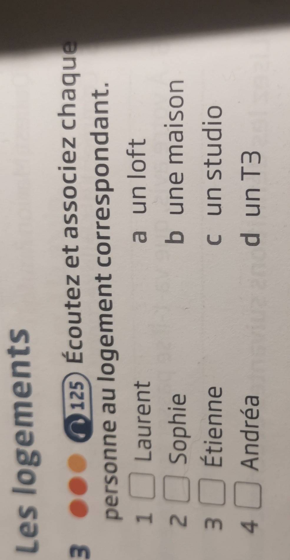 Les logements
3
(125) Écoutez et associez chaque
personne au logement correspondant.
1 Laurent a un loft
2 Sophie
b une maison
3 Étienne c un studio
4 Andréa d un T3