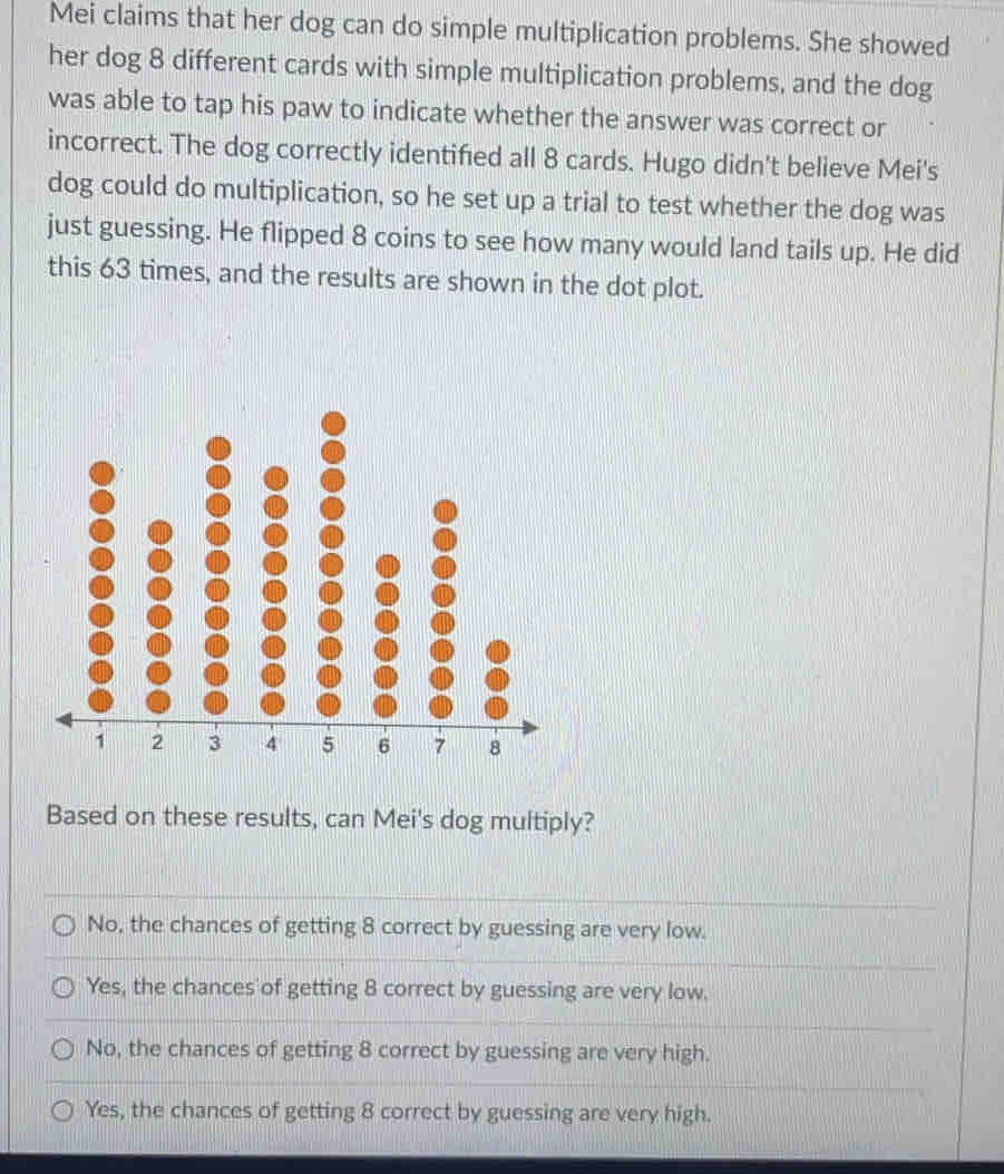 Solved: Mei claims that her dog can do simple multiplication problems ...