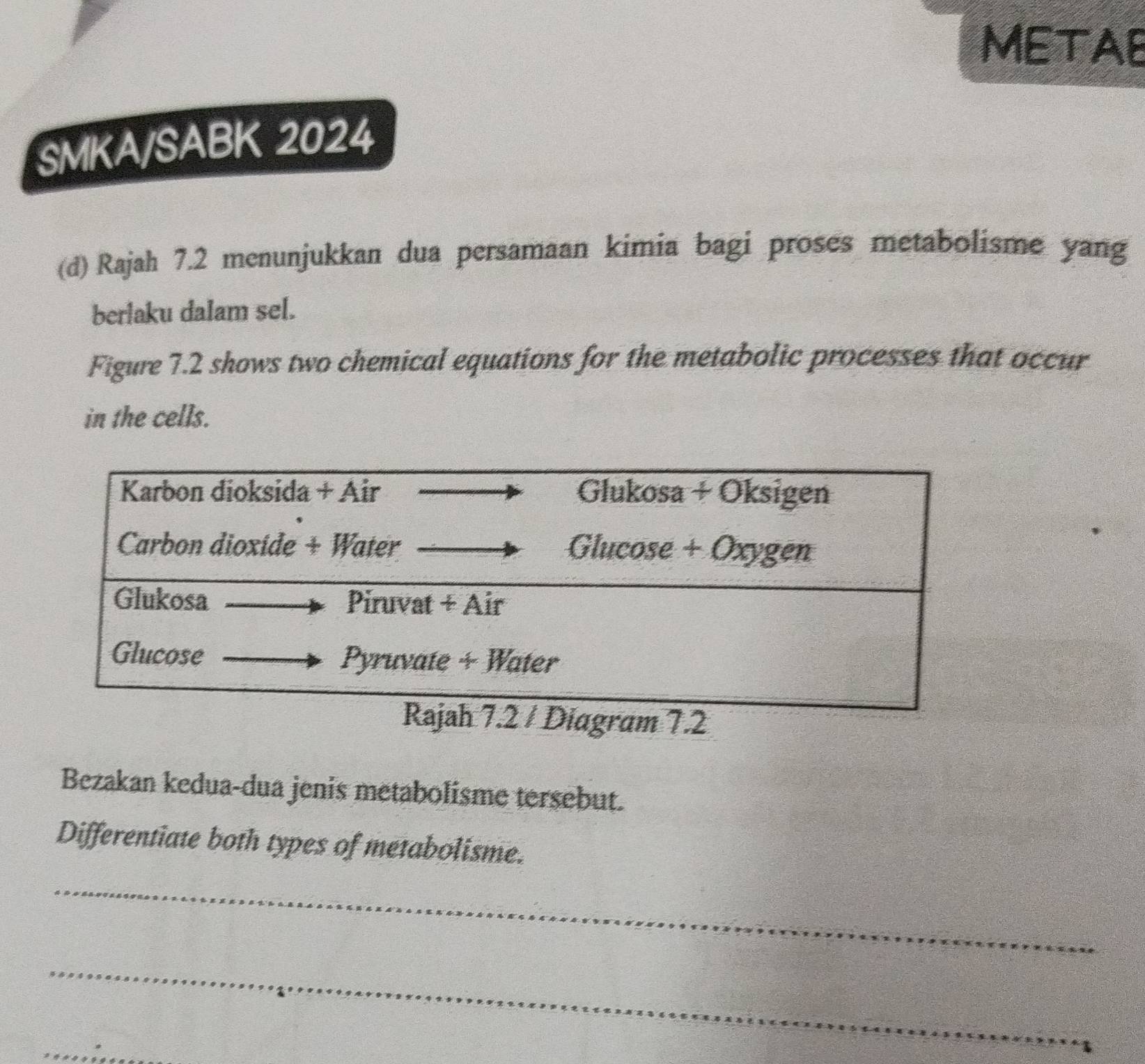 METAE 
SMKA/SABK 2024 
(d) Rajah 7.2 menunjukkan dua persamaan kimia bagi proses metabolisme yang 
berlaku dalam sel. 
Figure 7.2 shows two chemical equations for the metabolic processes that occur 
in the cells. 
Bezakan kedua-dua jenis metabolisme tersebut. 
Differentiate both types of metabolisme. 
_ 
_