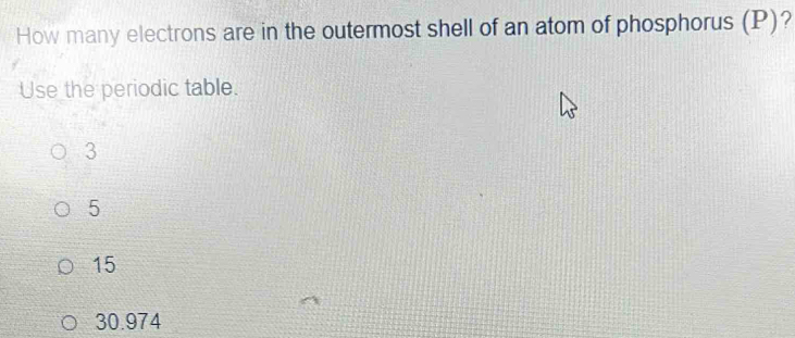 How many electrons are in the outermost shell of an atom of phosphorus (P)?
Use the periodic table.
3
5
15
30.974