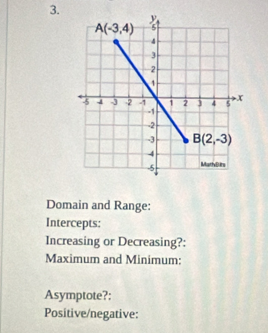 Domain and Range:
Intercepts:
Increasing or Decreasing?:
Maximum and Minimum:
Asymptote?:
Posítive/negative: