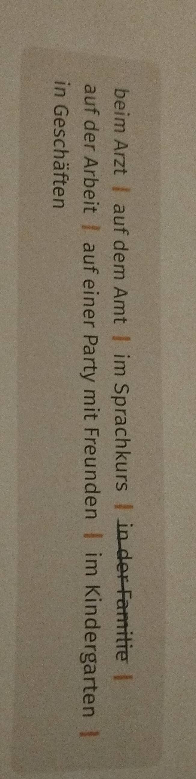 beim Arzt auf dem Amt im Sprachkurs in der Familie 
auf der Arbeit auf einer Party mit Freunden im Kindergarten 
in Geschäften