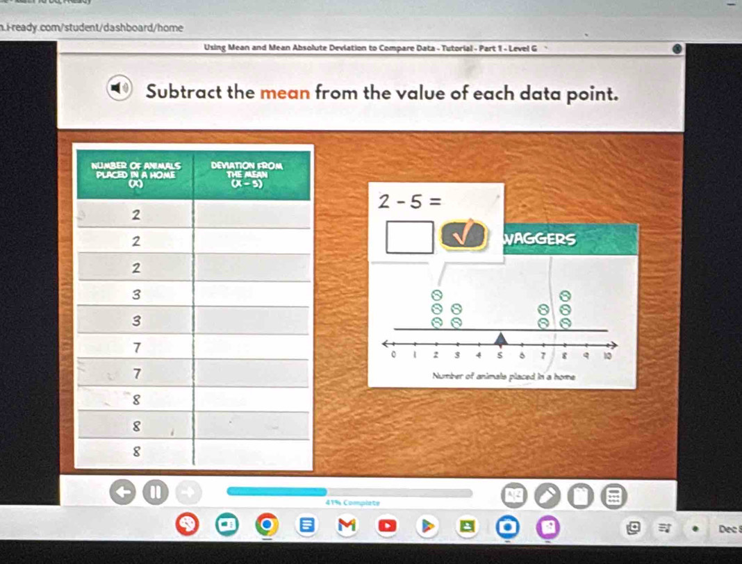 Using Mean and Mean Absolute Deviation to Compare Data - Tutorial - Part 1 - Level G
Subtract the mean from the value of each data point.
2-5=
VAGGERS
。 1 2 3 4 s 7 ε q 10
Number of animals placed in a home
"
41% Complate
Dec