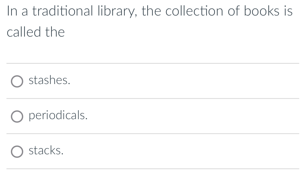 In a traditional library, the collection of books is
called the
stashes.
periodicals.
stacks.