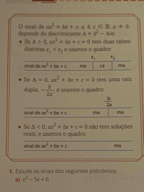 sinal de ax^2+bx+c,a,b,c∈ R,a!= 0,
depende do discriminante △ =b^2-4ac.
Se △ >0,ax^2+bx+c=0 tem duas raízes
distintas x_1 e usamos o quadro:
Se △ =0,ax^2+bx+c=0 tem uma raiz
dupla, - b/2a  , e usamos o quadro:
- b/2a 
sinal de ax^2+bx+c ma ma
Se △ <0,ax^2+bx+c=0 não tem soluções
reais, e usamos o quadro:
sinal de ax^2+bx+c
ma
1. Estude os sinais dos seguintes polinômios:
a) x^2-5x+6