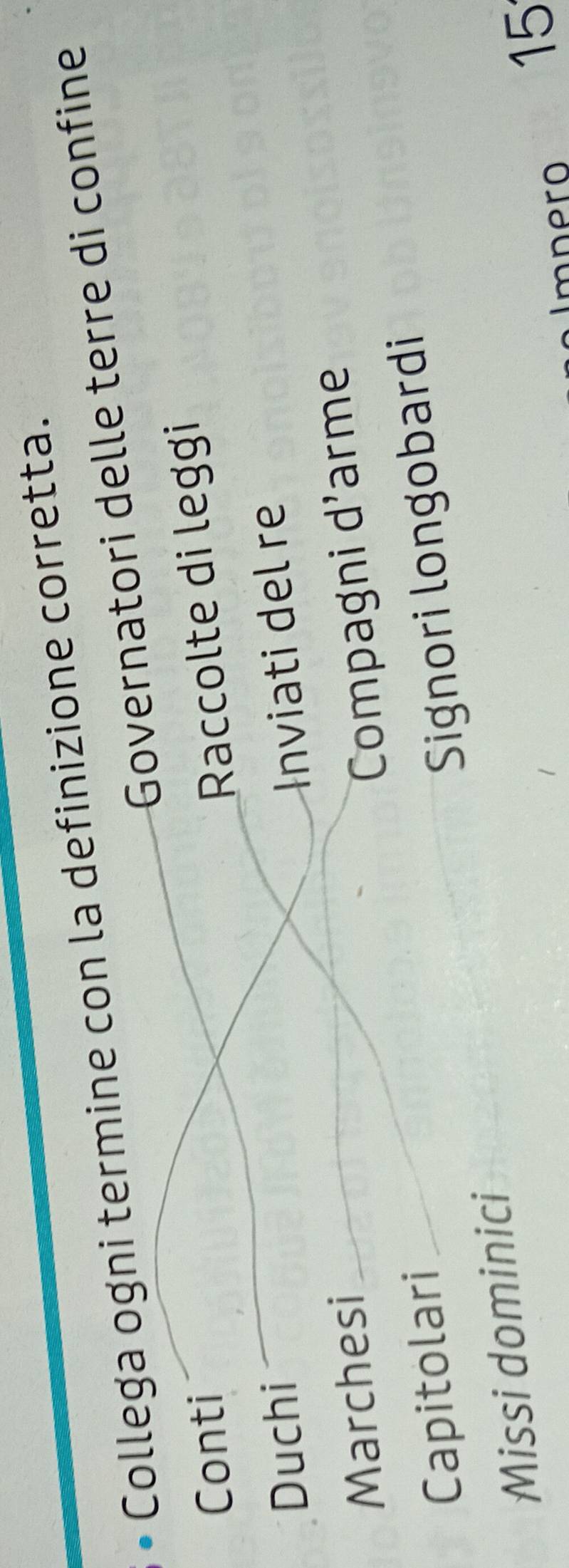 • Collega ogni termine con la definizione corretta.
Governatori delle terre di confine
Conti
Raccolte di leggi
Duchi Inviati del re
Marchesi
Compagni d'arme
Capitolari
Missi dominici Signori longobardi
Imnero
15