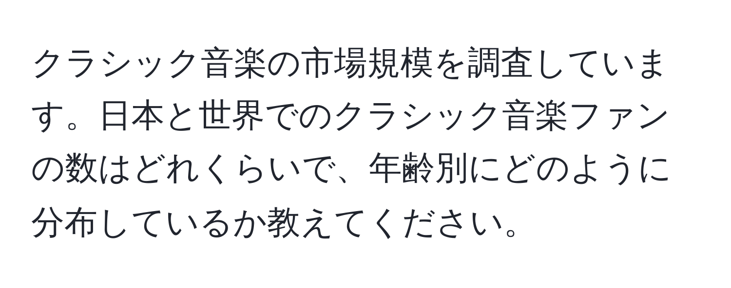 クラシック音楽の市場規模を調査しています。日本と世界でのクラシック音楽ファンの数はどれくらいで、年齢別にどのように分布しているか教えてください。