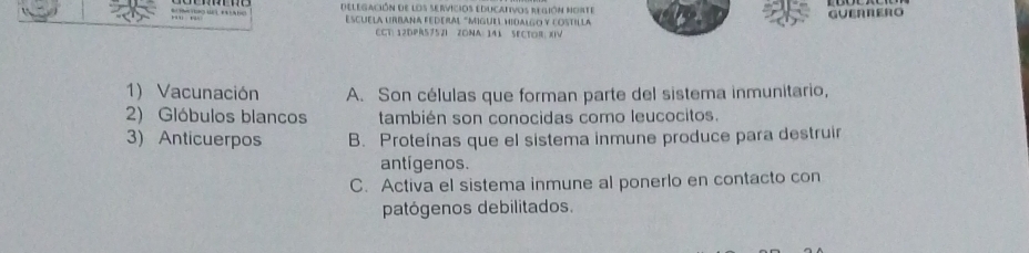 Delegación de los servicios educativos región norte
Escuéla Urbaña federál "Miguel hidalgo y costilla GUERNERO
CCT: 12Dpä5757) zona: 141 sector: XIV
1) Vacunación A. Son células que forman parte del sistema inmunitario,
2) Glóbulos blancos también son conocidas como leucocitos.
3) Anticuerpos B. Proteínas que el sistema inmune produce para destruir
antígenos.
C. Activa el sistema inmune al ponerlo en contacto con
patógenos debilitados.