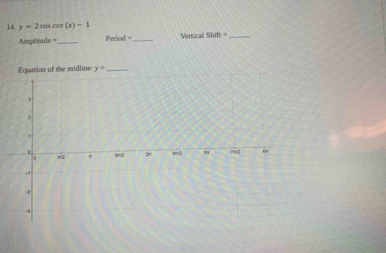 y=2cos cos (x)-1
Amplitude =_ Period =_ Vertical Shift =_ 
Equation of the midline: y= _