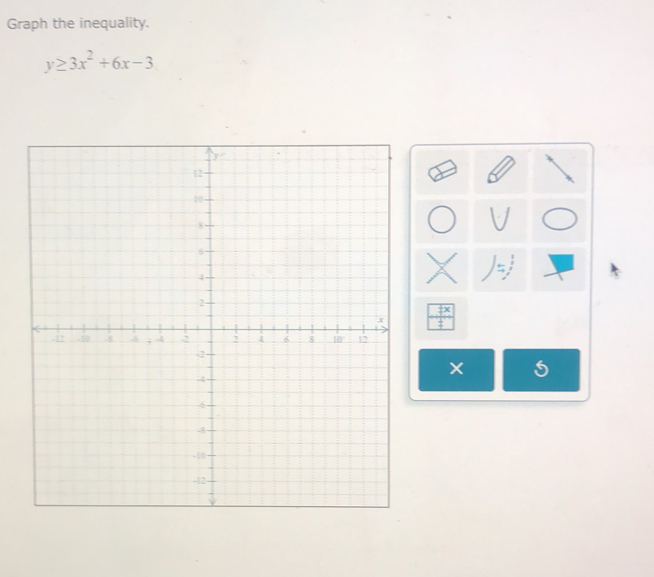 Graph the inequality.
y≥ 3x^2+6x-3
_ fx
5