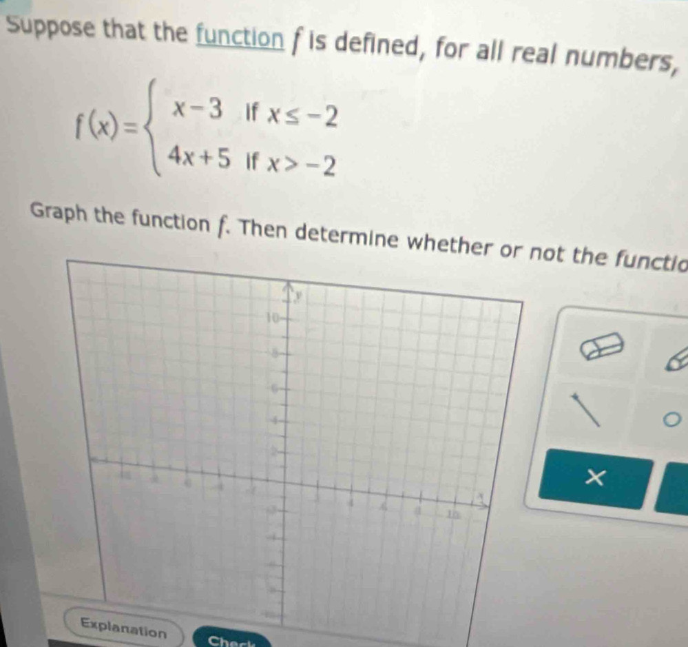 Suppose that the function f is defined, for all real numbers,
f(x)=beginarrayl x-3ifx≤ -2 4x+5ifx>-2endarray.
Graph the function f. Then determine whether or not the functio 
lanation