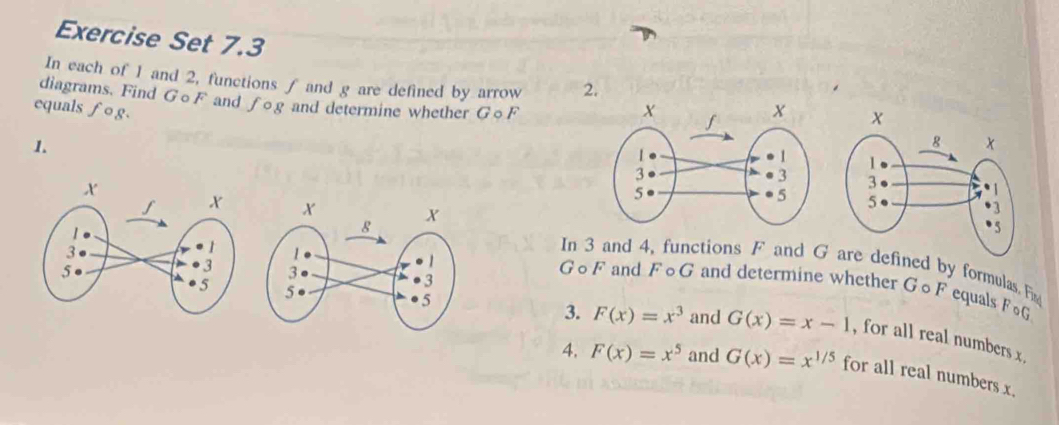 Exercise Set 7.3 
In each of 1 and 2, functions f and g are defined by arrow 2. 
diagrams. Find GоF and fog and determine whether GоF 
equals fog. 
1. 



In 3 and 4, functions F and Gned by formulas. Fi 
GoF and FoG and determine whether GoF equals FoG
3. F(x)=x^3 and G(x)=x-1 , for all real numbers x
4. F(x)=x^5 and G(x)=x^(1/5) for all real numbers x.