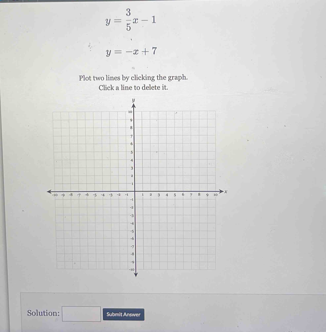 y= 3/5 x-1
y=-x+7
Plot two lines by clicking the graph. 
Click a line to delete it. 
Solution: □ Submit Answer