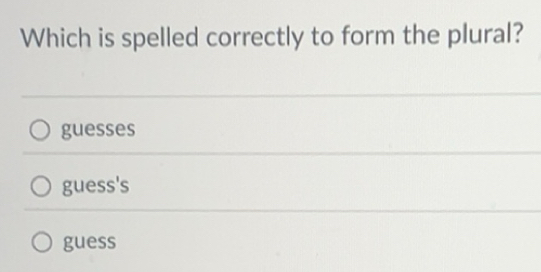 Solved: Which is spelled correctly to form the plural? guesses guess's ...