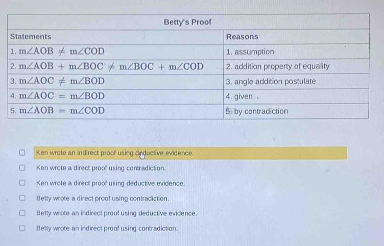 Ken wrote an indirect proof using deductive evidence.
Ken wrote a direct proof using contradiction.
Ken wrote a direct proof using deductive evidence.
Betty wrote a direct proof using contradiction.
Betty wrote an indirect proof using deductive evidence.
Betty wrote an indirect proof using contradiction.