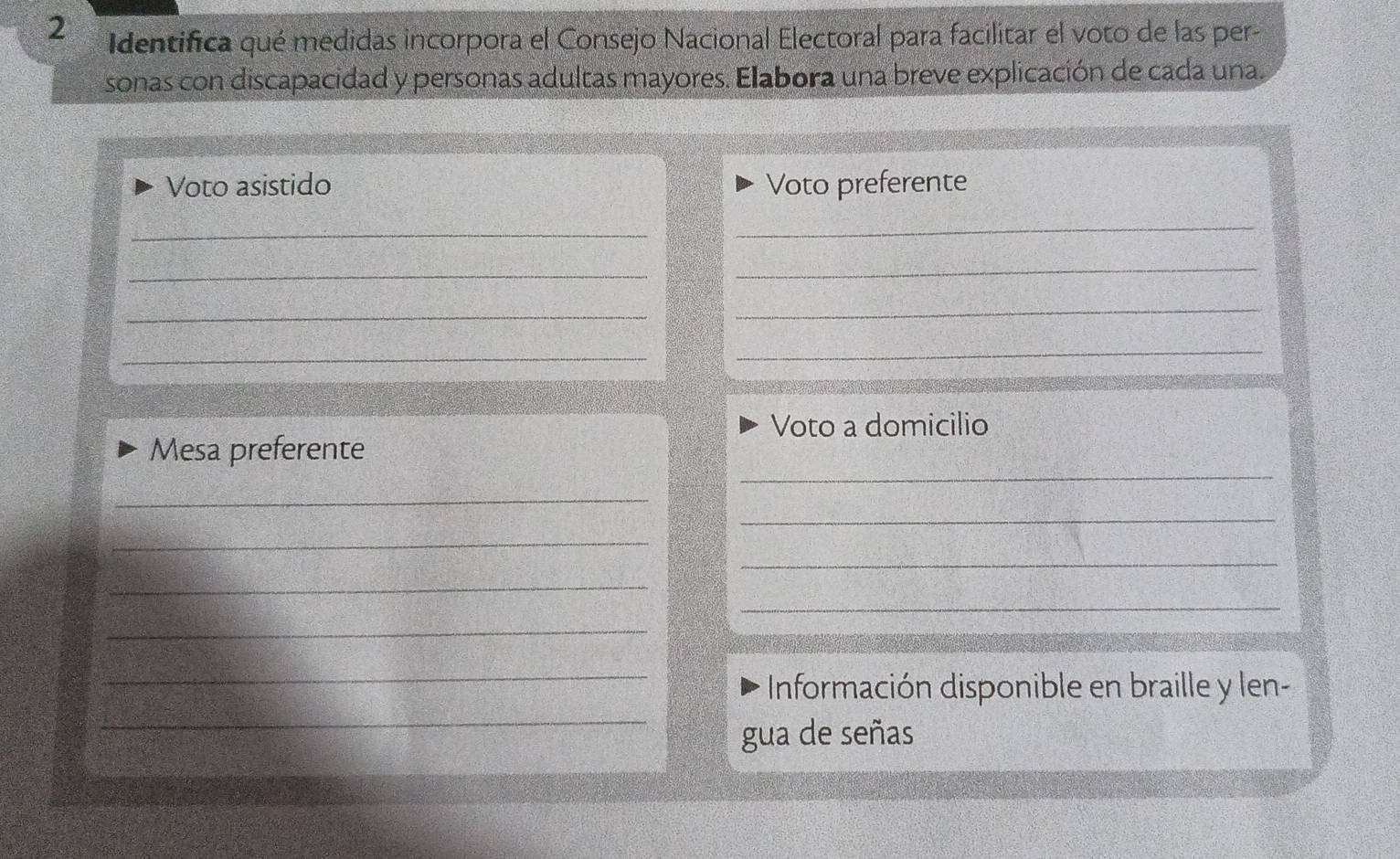 Identifica qué medidas incorpora el Consejo Nacional Electoral para facilitar el voto de las per- 
sonas con discapacidad y personas adultas mayores. Elabora una breve explicación de cada una. 
Voto asistido Voto preferente 
_ 
_ 
_ 
_ 
_ 
_ 
_ 
_ 
Voto a domicilio 
_ 
Mesa preferente 
_ 
_ 
_ 
_ 
_ 
_ 
_ 
_ 
_ 
Información disponible en braille y len- 
gua de señas