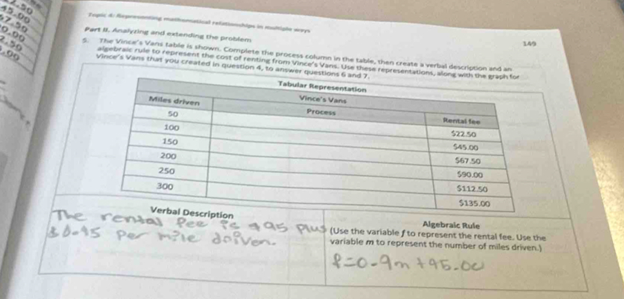 2.50.
45.00 Topic d/ Represtnting mathematical refationships in multiple ways
67-50 Part II. Analyzing and extending the problem 149
2.59
0.00 S. The Vince's Vans table is shown. Complete the process column in the table, then create a verbal description and an
1.99
algebraic rule to represent the cost of renting from Vince's Vans. Use these repres 
Vince's Vans that you created in question 4, to answer 
Algebraic Rule 
(Use the variable f to represent the rental fee. Use the 
variable m to represent the number of miles driven.)