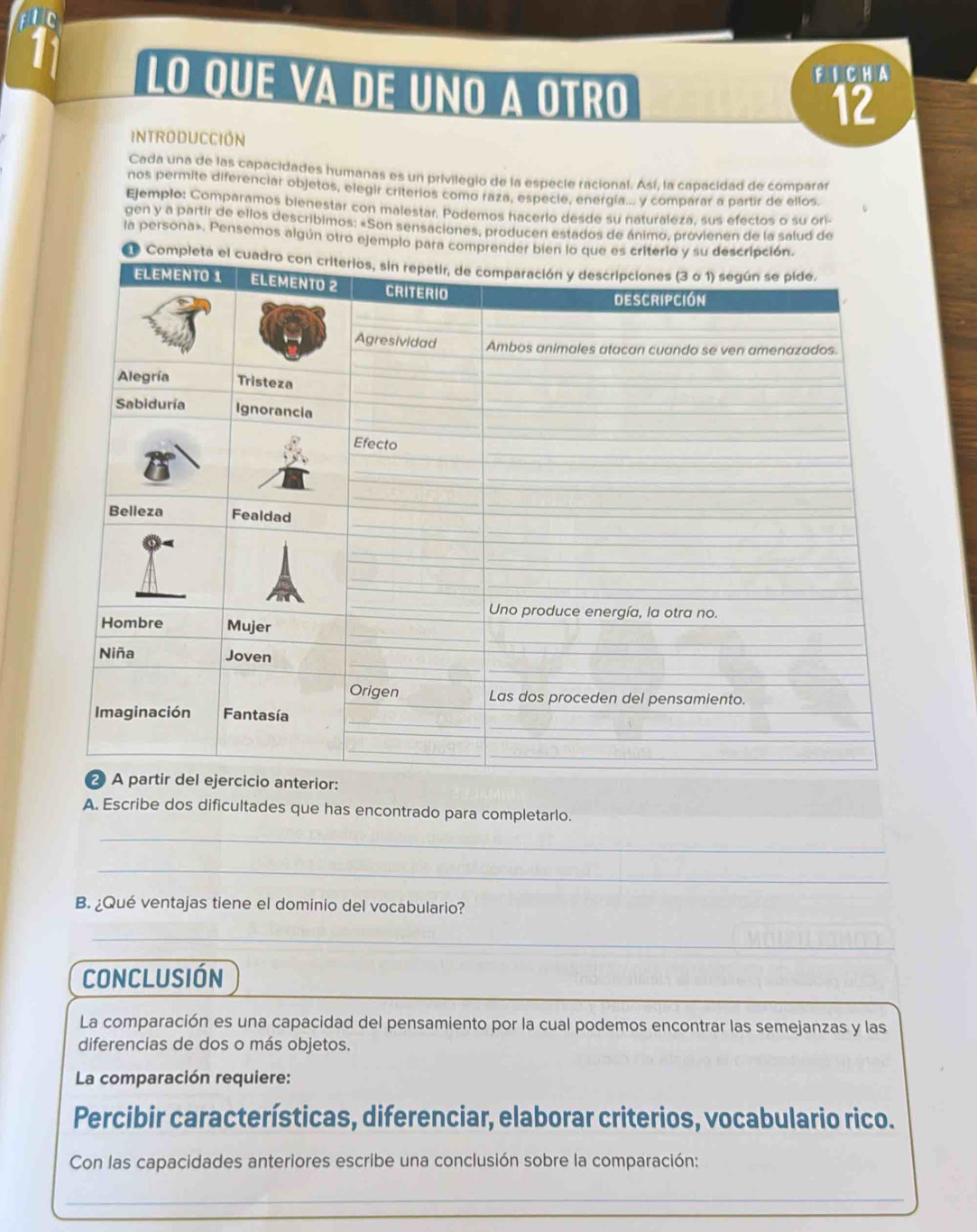 LO QUE VA DE UNO Á OTRO 
FICHA 
12 
INTRODUCCIÓN 
Cada una de las capacidades humanas es un privilegio de la especle racional. Así, la capacidad de comparár 
nos permite diferenciar objetos, elegir criterios como raza, especle, energía... y comparar a partir de ellos. 
Ejemplo: Comparamos bienestar con malestar. Podemos hacerio desde su naturaleza, sus efectos o su ori- 
gen y a partir de ellos describimos: «Son sensaciones, producen estados de ánimo, provienen de la salud de 
la persona». Pensemos algún otro ejemplo para compren 
A. Escribe dos dificultades que has encontrado para completarlo. 
_ 
_ 
_ 
B. ¿Qué ventajas tiene el dominio del vocabulario? 
_ 
Conclusión 
La comparación es una capacidad del pensamiento por la cual podemos encontrar las semejanzas y las 
diferencias de dos o más objetos. 
La comparación requiere: 
Percibir características, diferenciar, elaborar criterios, vocabulario rico. 
Con las capacidades anteriores escribe una conclusión sobre la comparación: 
_