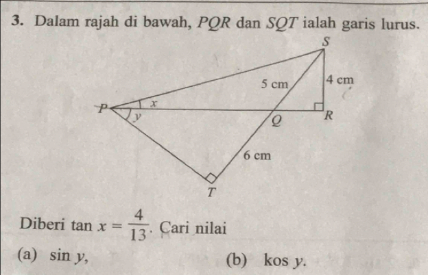 Dalam rajah di bawah, PQR dan SQT ialah garis lurus. 
Diberi tan x= 4/13 . Cari nilai 
(a) sin y, (b) kos y.