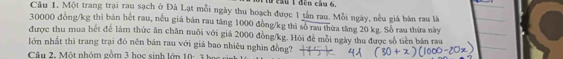 ưừ cầu 1 đến câu 6. 
Câu 1. Một trang trại rau sạch ở Đà Lạt mỗi ngày thu hoạch được 1 tấn rau. Mỗi ngày, nếu giá bán rau là
30000 đồng /kg thì bán hết rau, nếu giá bán rau tăng 1000 đồng/kg thì số rau thừa tăng 20 kg. Số rau thừa này 
được thu mua hết đề làm thức ăn chăn nuôi với giá 2000 đồng /kg. Hỏi đề mỗi ngày thu được số tiền bán rau 
lớn nhất thì trang trại đó nên bán rau với giá bao nhiêu nghìn đồng? 
Câu 2. Một nhóm gồm 3 học sinh lớp 10: 3 họ c