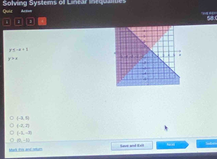 Solving Systems of Linear inequalities
Quiz Active "IME REM
1 2 3 4 58:0
y≤ -x+1
y>x
(-3,5)
(-2,2)
(-1,-3)
(0,-1)
Mark this and retum Save and Exit Neud Suben