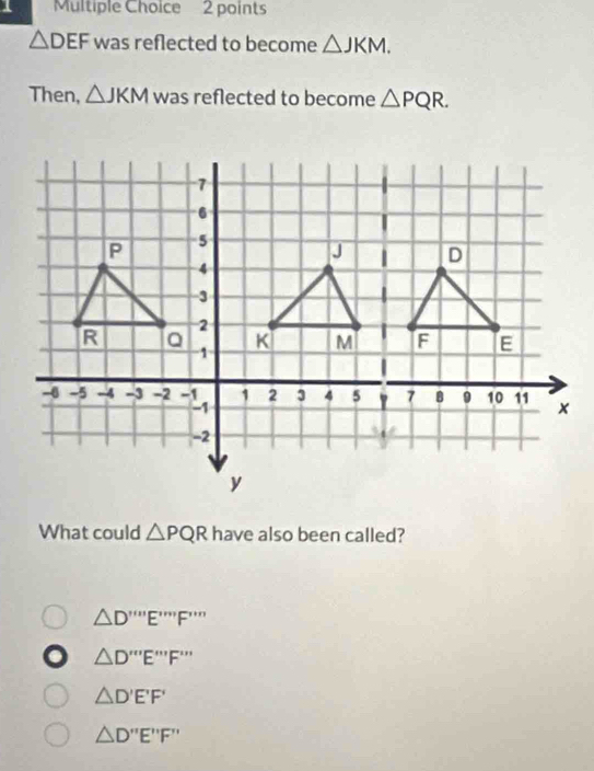 △ DEF was reflected to become △ JKM. 
Then, △ JKM was reflected to become △ PQR. 
What could △ PQR have also been called?
△ D'prime prime prime prime E'prime prime prime F'prime prime prime prime prime 
△ D'prime prime prime E'prime prime prime F'prime prime prime 
△ D'E'F'
△ D'prime E'prime F'prime 