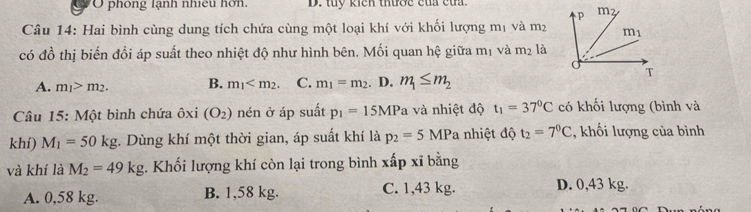 phông lạnh nhiều hơn. D. tuy kích thước của của.
Câu 14: Hai bình cùng dung tích chứa cùng một loại khí với khối lượng mị và m2
có đồ thị biến đổi áp suất theo nhiệt độ như hình bên. Mối quan hệ giữa mị và m_2 là
A. m_1>m_2. m_1 C. m_1=m_2. D. m_1≤ m_2
B.
Câu 15: Một bình chứa ôxi (O_2) nén ở áp suất p_1=15MPa và nhiệt độ t_1=37°C có khối lượng (bình và
khí) M_1=50kg :. Dùng khí một thời gian, áp suất khí là p_2=5MP Pa nhiệt độ t_2=7^0C , khối lượng của bình
và khí là M_2=49kg. Khối lượng khí còn lại trong bình xấp xĩ bằng
A. 0,58 kg. B. 1,58 kg. C. 1,43 kg.
D. 0,43 kg.