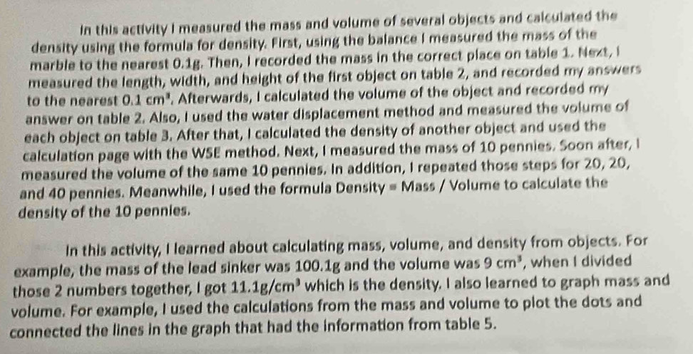 In this activity I measured the mass and volume of several objects and calculated the 
density using the formula for density. First, using the balance I measured the mass of the 
marble to the nearest 0.1g. Then, I recorded the mass in the correct place on table 1. Next, i 
measured the length, width, and height of the first object on table 2, and recorded my answers 
to the nearest 0.1cm^3. Afterwards, I calculated the volume of the object and recorded my 
answer on table 2. Also, I used the water displacement method and measured the volume of 
each object on table 3. After that, I calculated the density of another object and used the 
calculation page with the WSE method. Next, I measured the mass of 10 pennies. Soon after, I 
measured the volume of the same 10 pennies. In addition, I repeated those steps for 20, 20, 
and 40 pennies. Meanwhile, I used the formula Density = Mass / Volume to calculate the 
density of the 10 pennies. 
In this activity, I learned about calculating mass, volume, and density from objects. For 
example, the mass of the lead sinker was 100.1g and the volume was 9cm^3 , when I divided 
those 2 numbers together, I got 11.1g/cm^3 which is the density. I also learned to graph mass and 
volume. For example, I used the calculations from the mass and volume to plot the dots and 
connected the lines in the graph that had the information from table 5.