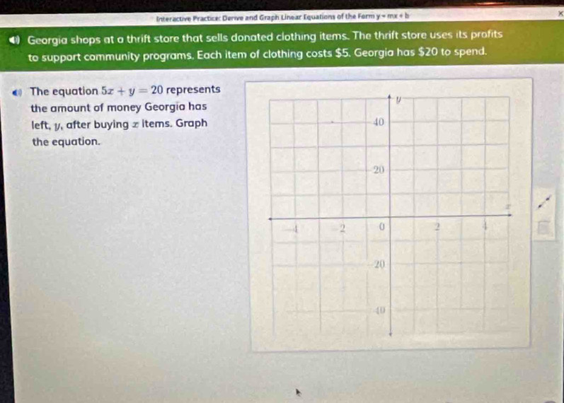 Interactive Practice: Derive and Graph Linear Equations of the Form y=mx+b ×
4 Georgia shops at a thrift store that sells donated clothing items. The thrift store uses its profits
to support community programs. Each item of clothing costs $5. Georgia has $20 to spend.
The equation 5x+y=20 represents
the amount of money Georgia has
left, y, after buying x items. Graph
the equation.